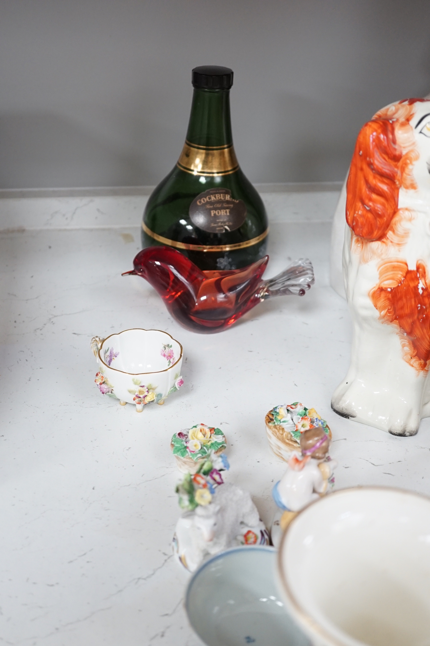 19th century and later porcelain and ceramics including Staffordshire comforter spaniels, Doulton Toby jugs, Coalport dish and Limoges enamel vase